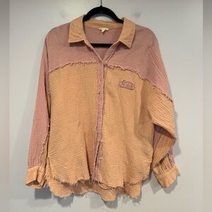 Hem‎ & Thread pink and orange gauze linen button down shirt